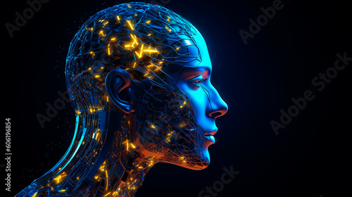 Side view of a humanoid head with blue and yellow eyes and vibrant neon neural network, representing futuristic technology and artificial intelligence. Generative AI