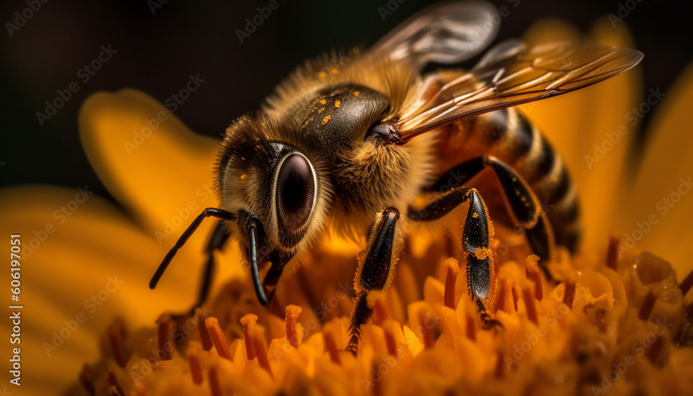Busy bee collecting pollen from yellow flower generated by AI Busy bee collecting pollen from yellow flower generated by AI