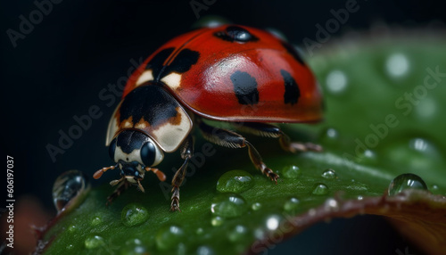 Spotted ladybug on green leaf with dew generated by AI