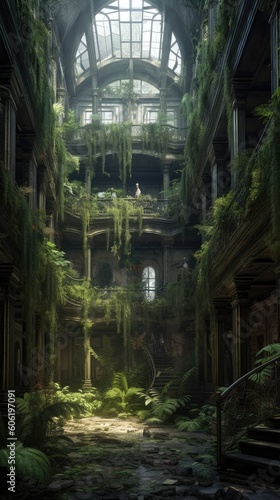 a large building with lush  green plants and trees Generative Ai