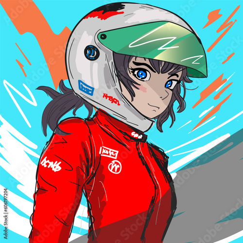 Anime girl. Female race car driver wears helmet in the autosport championship. Vector illustration