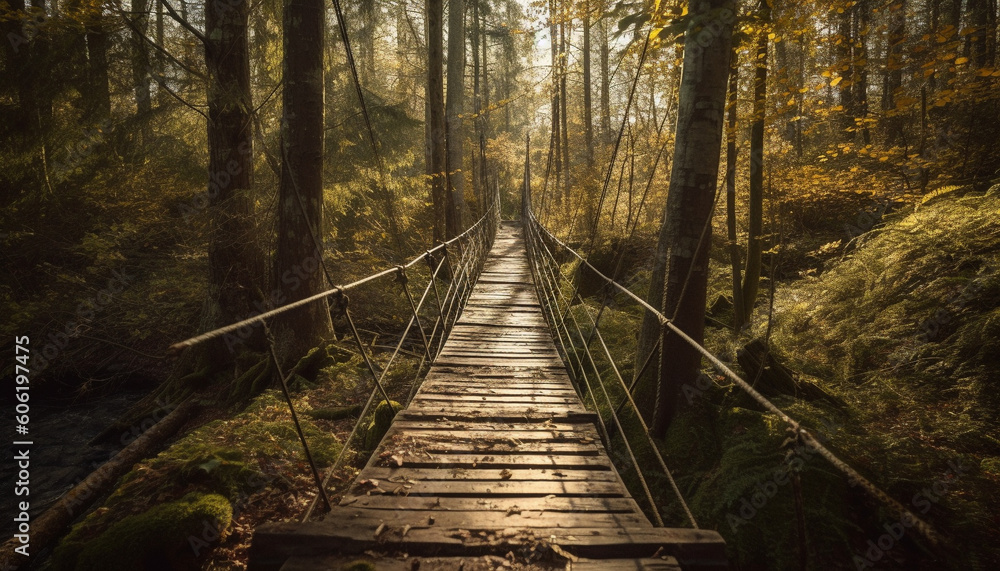 Obraz premium Autumn footpath winds through tranquil forest landscape generated by AI