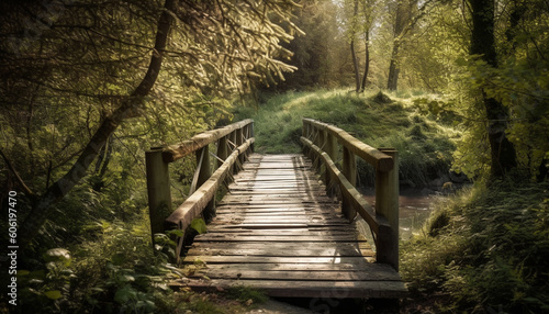 Elevated walkway through dark tropical rainforest wilderness generated by AI