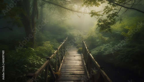 Mysterious fog shrouds abandoned bridge in dawn generated by AI