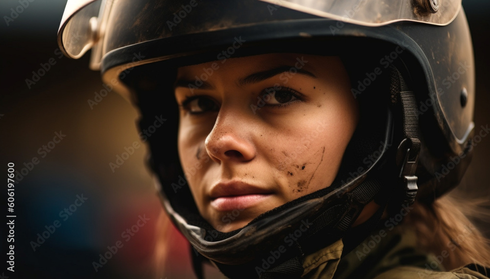 Caucasian soldier in helmet looking at camera confidently generated by AI Caucasian soldier in helmet looking at camera confidently generated by AI