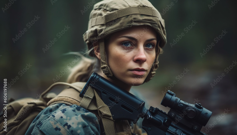 Young adult army sniper aiming rifle outdoors generated by AI Young adult army sniper aiming rifle outdoors generated by AI