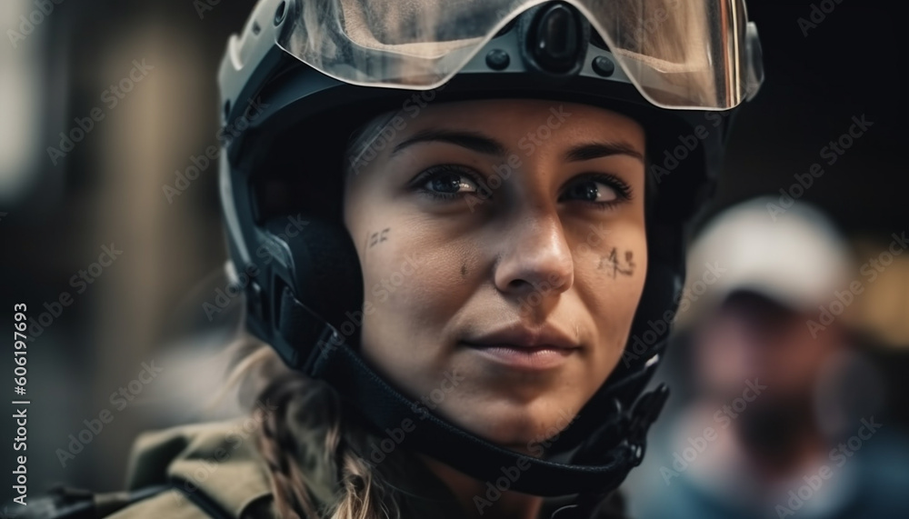 Young adults smiling, helmets on, ready to ride generated by AI Young adults smiling, helmets on, ready to ride generated by AI