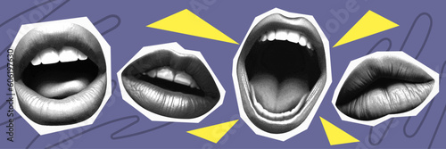 lips isolated mouth set collage elements for mixed media design with tongue teeth in halftone texture vintage dotted pop art style  retro grunge punk crazy templates photo
