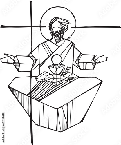 Hand drawn illustration of Jesus Eucharist.