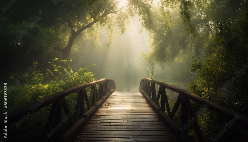 Tranquil footpath vanishes into mysterious forest fog generated by AI Tranquil footpath vanishes into mysterious forest fog generated by AI