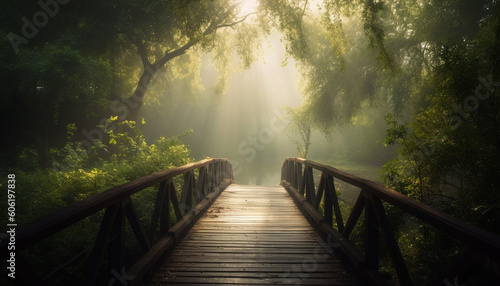 Tranquil footpath vanishes into mysterious forest fog generated by AI