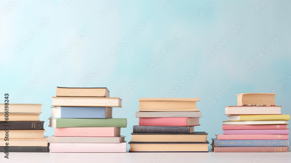 Fototapeta premium Many books on a wooden table with copy space. Back to school concept