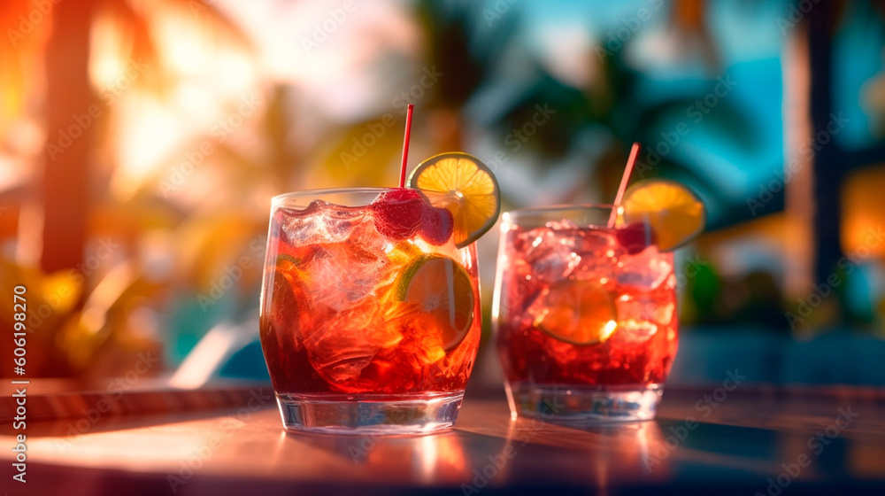Summer cocktails on luxury tropical beach resort at sunset. Exotic summer drinks cocktails. Youth and summer vacation concept. Party, Vacations, summer holidays, summertime. Generative AI - obrazy, fototapety, plakaty 