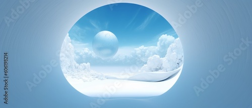 Minimalist blue background with tunnel and white clouds. Generative AI