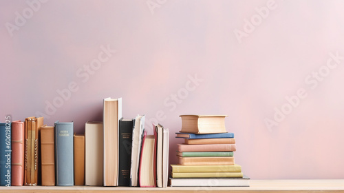 Many books on a wooden table with copy space. Back to school concept