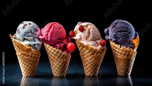 various colorful scoops of ice cream in ice cube cones on dark background Generative AI