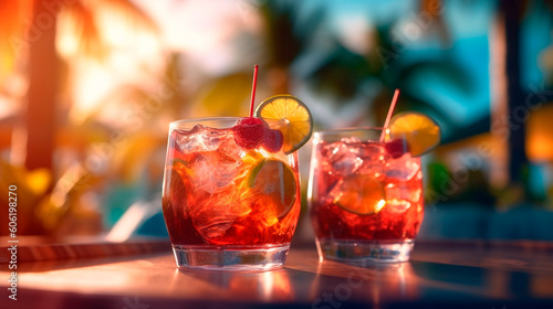 Canvas Print Summer cocktails on luxury tropical beach resort at sunset