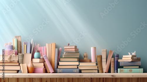 Many books on a wooden table with copy space. Back to school concept