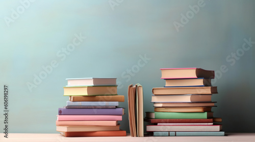 Many books on a wooden table with copy space. Back to school concept