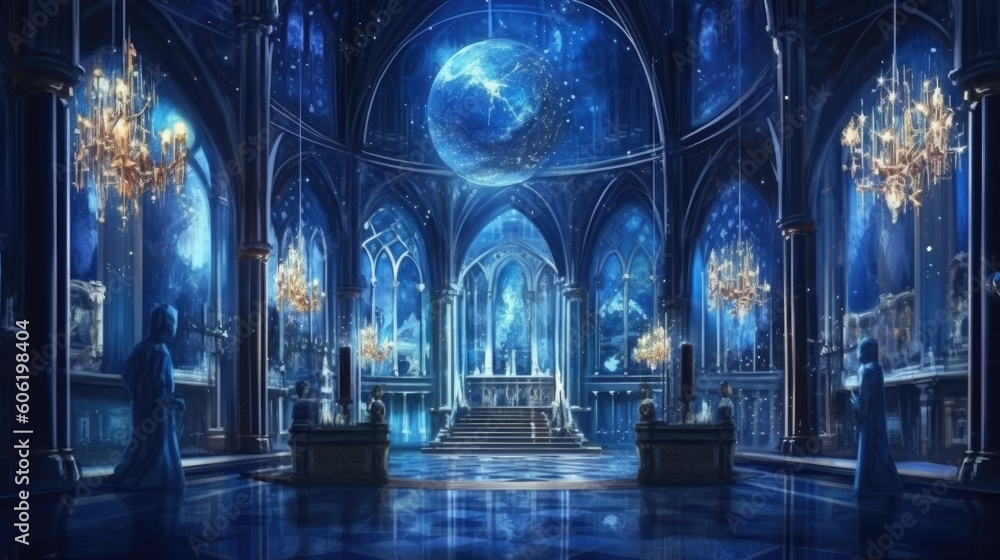 a castle inside an art museum with pillars and crystal chandeliers, in the style of nightcore Generative Ai a castle inside an art museum with pillars and crystal chandeliers, in the style of nightcore Generative Ai