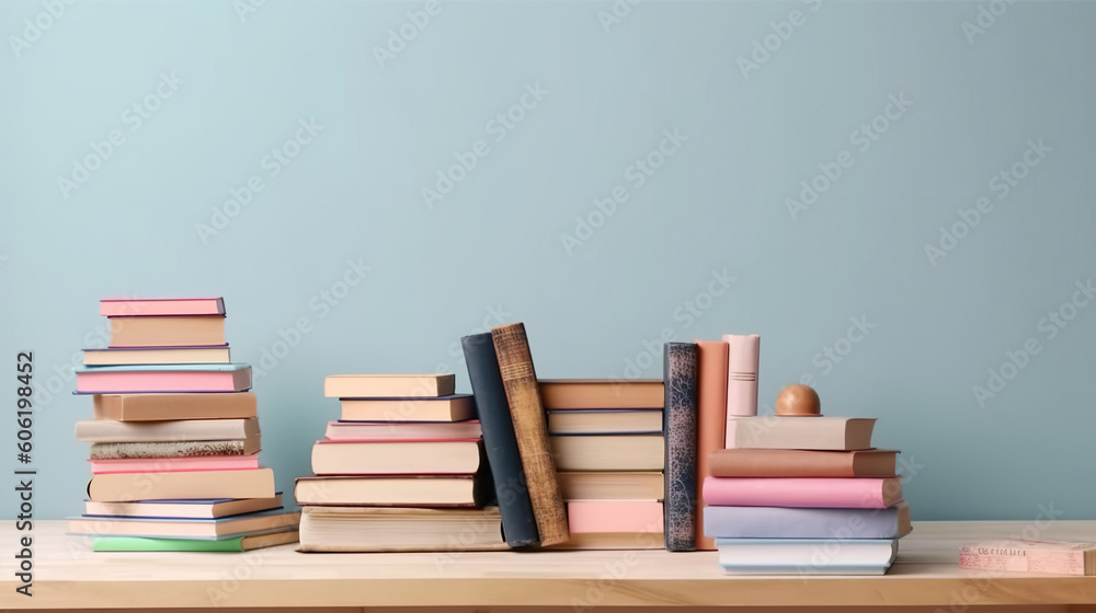 Many books on a wooden table with copy space. Back to school concept Many books on a wooden table with copy space. Back to school concept