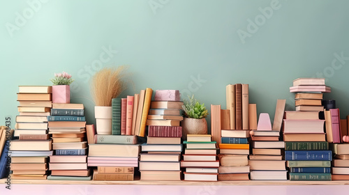 Many books on a wooden table with copy space. Back to school concept