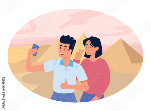 Tourism and pyramids concept. Man and woman take selfie against backdrop of traditional Egyptian fossils and wonders of world. Vacation in tropical countries. Cartoon flat vector illustration