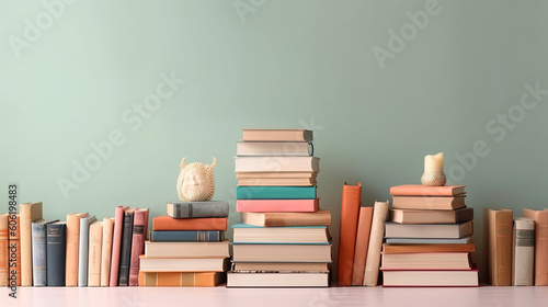 Many books on a wooden table with copy space. Back to school concept