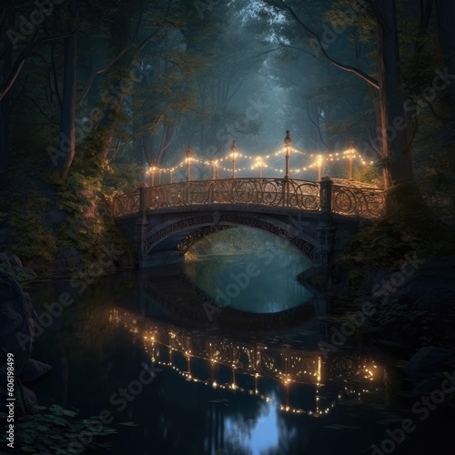 a bridge over a creek in the woods, in the style of darkly detailed, dreamy and romantic Generative Ai