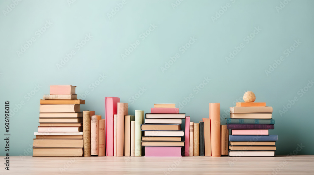 Many books on a wooden table with copy space. Back to school concept Many books on a wooden table with copy space. Back to school concept