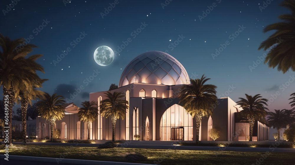 Naklejka premium Mosque architecture building. Ramadan kareem illustration. The celebration of Eid Alfitr and Adha in Muslim.