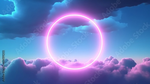 Abstract ring illuminated by neon light on a colorful background with clouds. Generative AI
