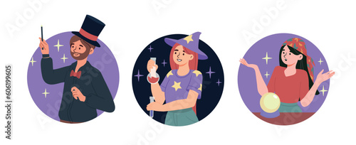 People and magic. Men and women with superpowers. Illusionist, witch and fortune teller with crystal ball. Sorcery and witchcraft set. Cartoon flat vector collection isolated on white background