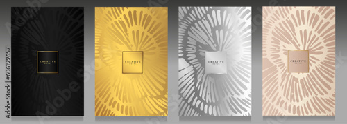 Elegant metal covers. Abstract design on black, gold, silver and delicate pink background. Invitations, brochures, vouchers, luxury card.
