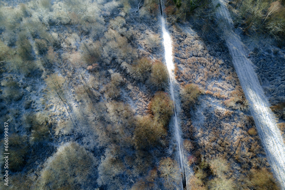 Aerial view of a country road crossing a forest covered in frost