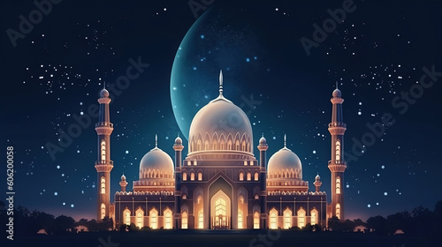 Mosque architecture building. Ramadan kareem illustration. The celebration of Eid Alfitr and Adha in Muslim.