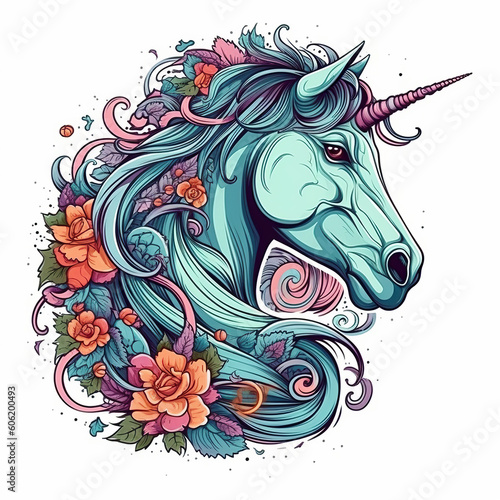 unicorn tattoo. Vibrant colors. Modern design. AI generated image.