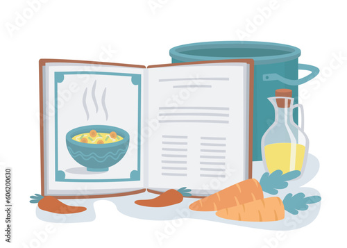 Recipe book concept. List of ingredients for cooking vegetable soup. Carrot next to pot and book. Master class and workshop, cooking lessons, food preparation. Cartoon flat vector illustration