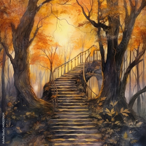 watercolor painting of a steep stair framed by autumn leaves Generative Ai © sockmacho
