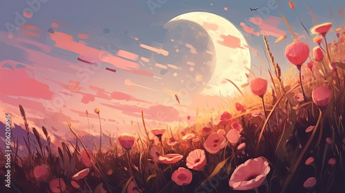 a field filled with flowers  a rose  and the rising crescent Generative Ai