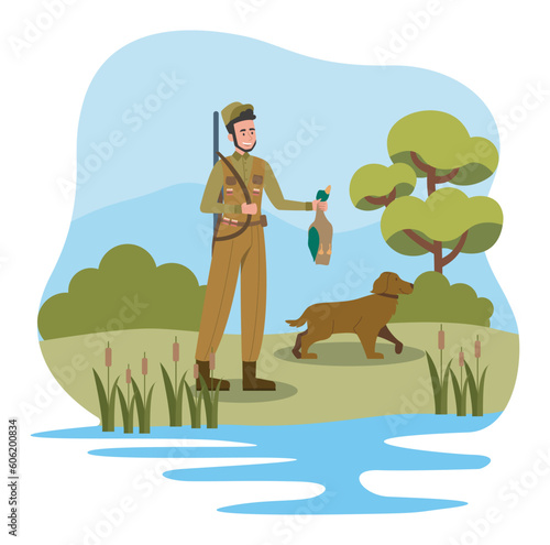 Hunter with dog. Man in suit stands with weapon and holds duck in his hands. Young guy with hunting dog in forest near lake. Actiove lifestyle and weekends. Cartoon flat vector illustration