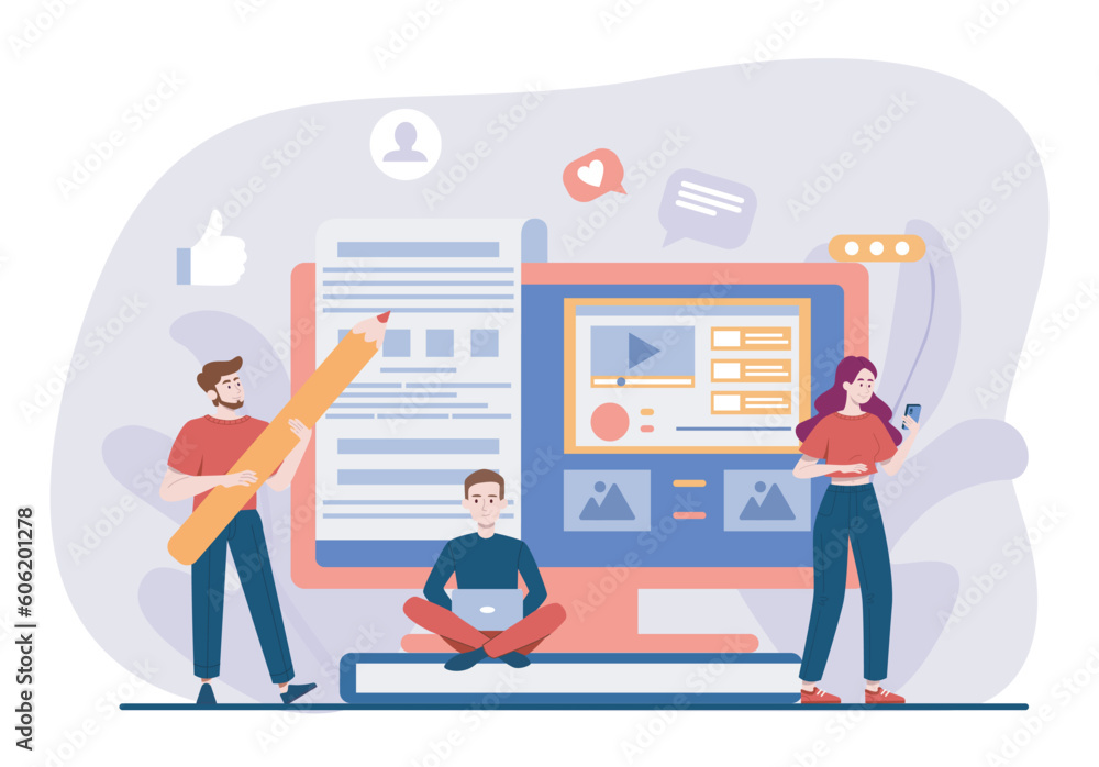 People with blog. Men and woman next to article on website. Users read interesting content, users on web page. Online journalism, storytelling. Cartoon flat vector illustration People with blog. Men and woman next to article on website. Users read interesting content, users on web page. Online journalism, storytelling. Cartoon flat vector illustration