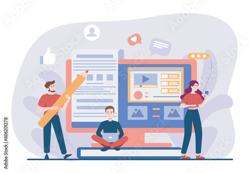 People with blog. Men and woman next to article on website. Users read interesting content, users on web page. Online journalism, storytelling. Cartoon flat vector illustration