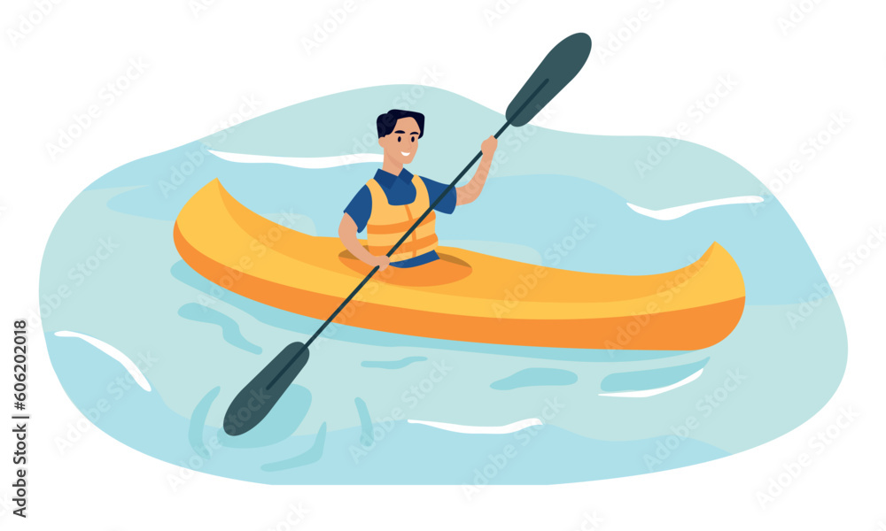 Concept of kayaking. Man swims in lake or river on kayak, canoe. active lifestyle and extreme sport. Athlete or sportsman in competition. Holiday and vacation. Cartoon flat vector illustration
