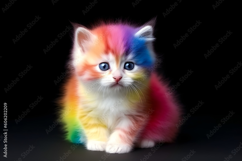 Cute fluffy kitten with rainbow fur portrait studio shot