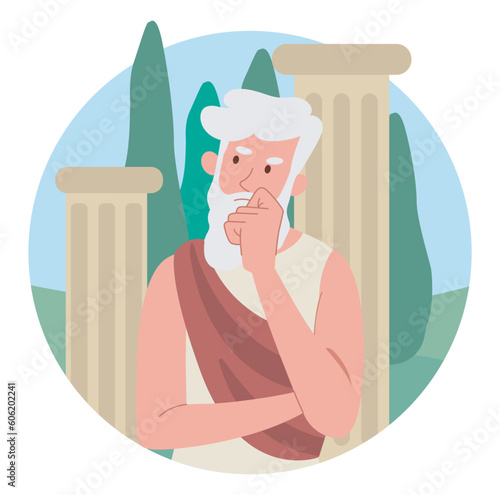 Ancient philosopher concept. Elderly man in sheet stands against backdrop of marble columns. Classical greek thinker, Socrates. Old pensive person. Cartoon flat vector illustration