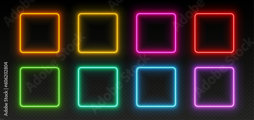 Neon square frames, glowing borders set, colorful futuristic UI design elements. Vibrant glowing rectangles, modern signs, avatar frames isolated on dark backdrop. Vector illustration.