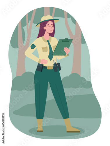 Ranger of reserve. Woman in uniform stands with notebook in forest. Yoiung girl on nature. Publice park security and safety. Guard officer concept. Cartoon flat vector illustration