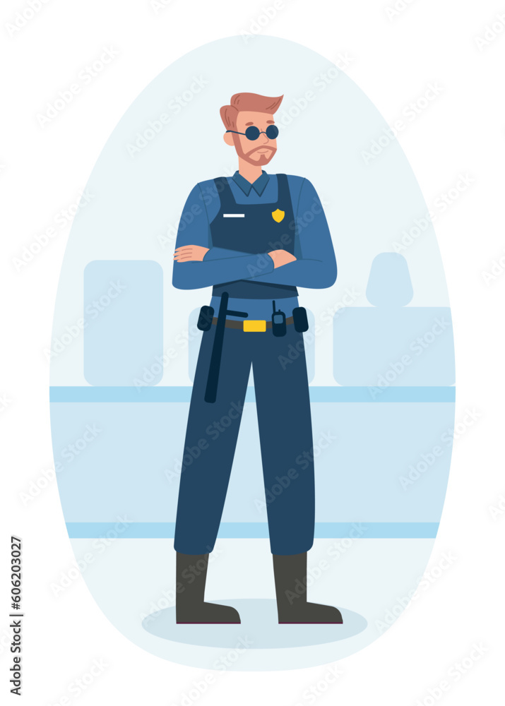 Security guard concept. Man in uniform with baton and badge. Policeman maintains order and law. Safety and protection in city. Watchman on mission. Cartoon flat vector illustration Security guard concept. Man in uniform with baton and badge. Policeman maintains order and law. Safety and protection in city. Watchman on mission. Cartoon flat vector illustration