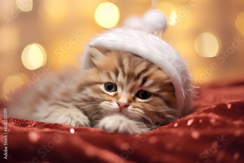 Cute tabby kitten wearing woolly hat bokeh lights studio shot portrait